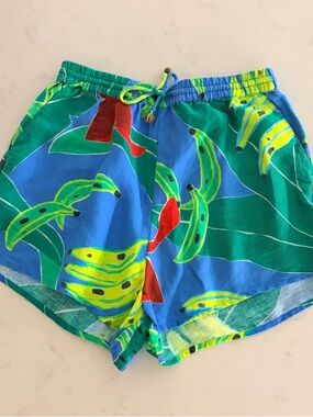 Banana Print Elastic Waist Shorts - Blue & Green